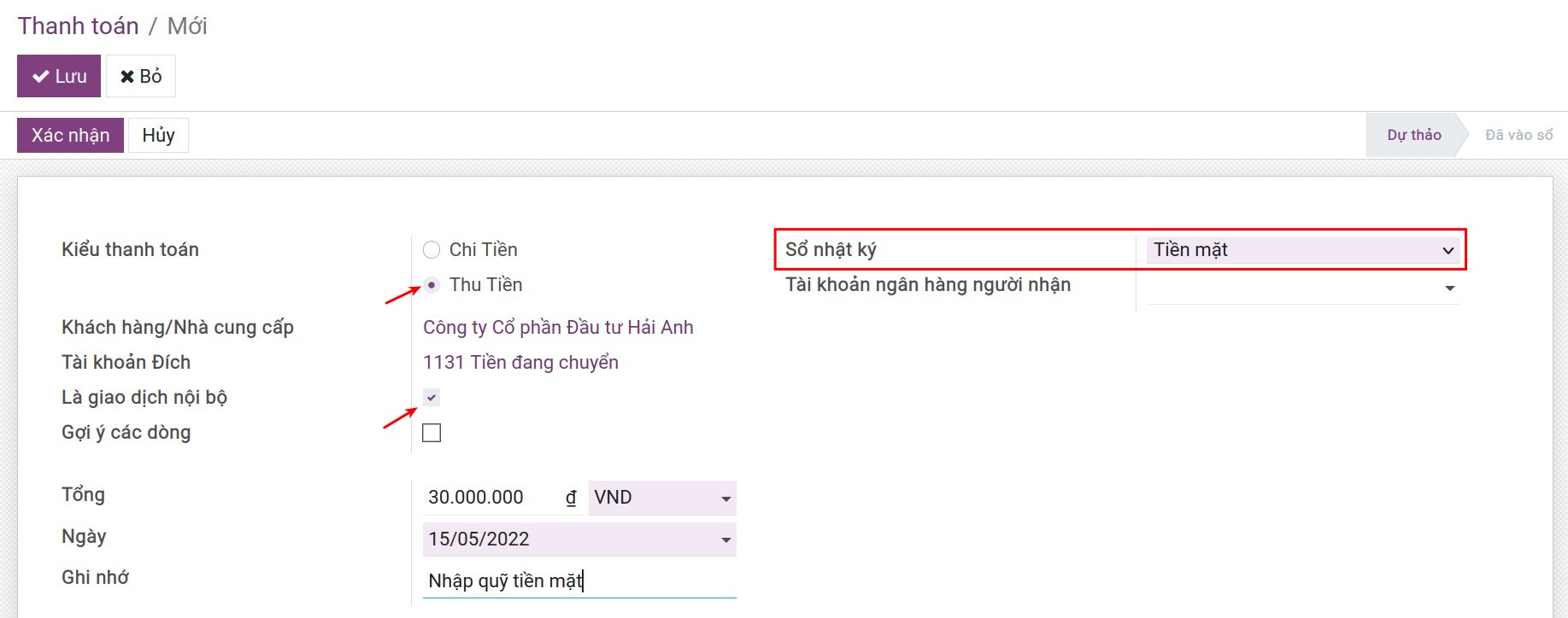 Nhập quỹ tiền mặt