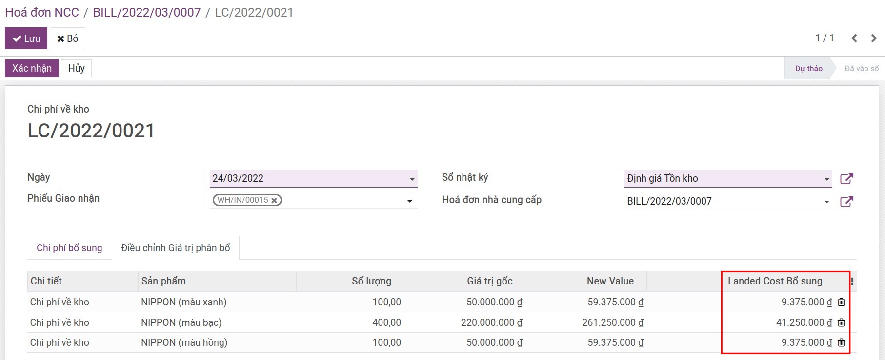 Phân bổ chi phí về kho theo giá vốn - Viindoo Accounting