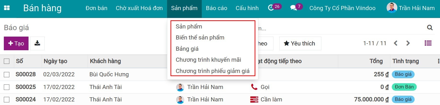 Sản phẩm trong ứng dụng bán hàng - Viindoo