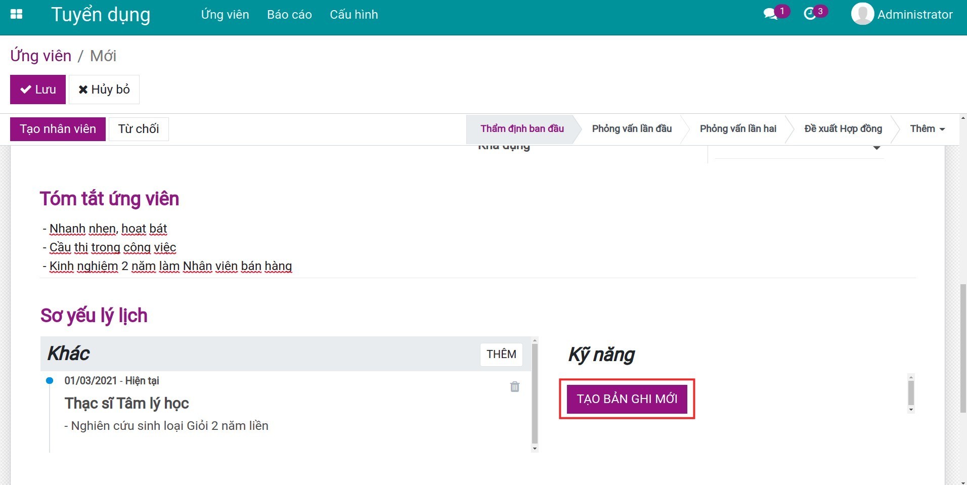 Tạo bản ghi mới cho kỹ năng