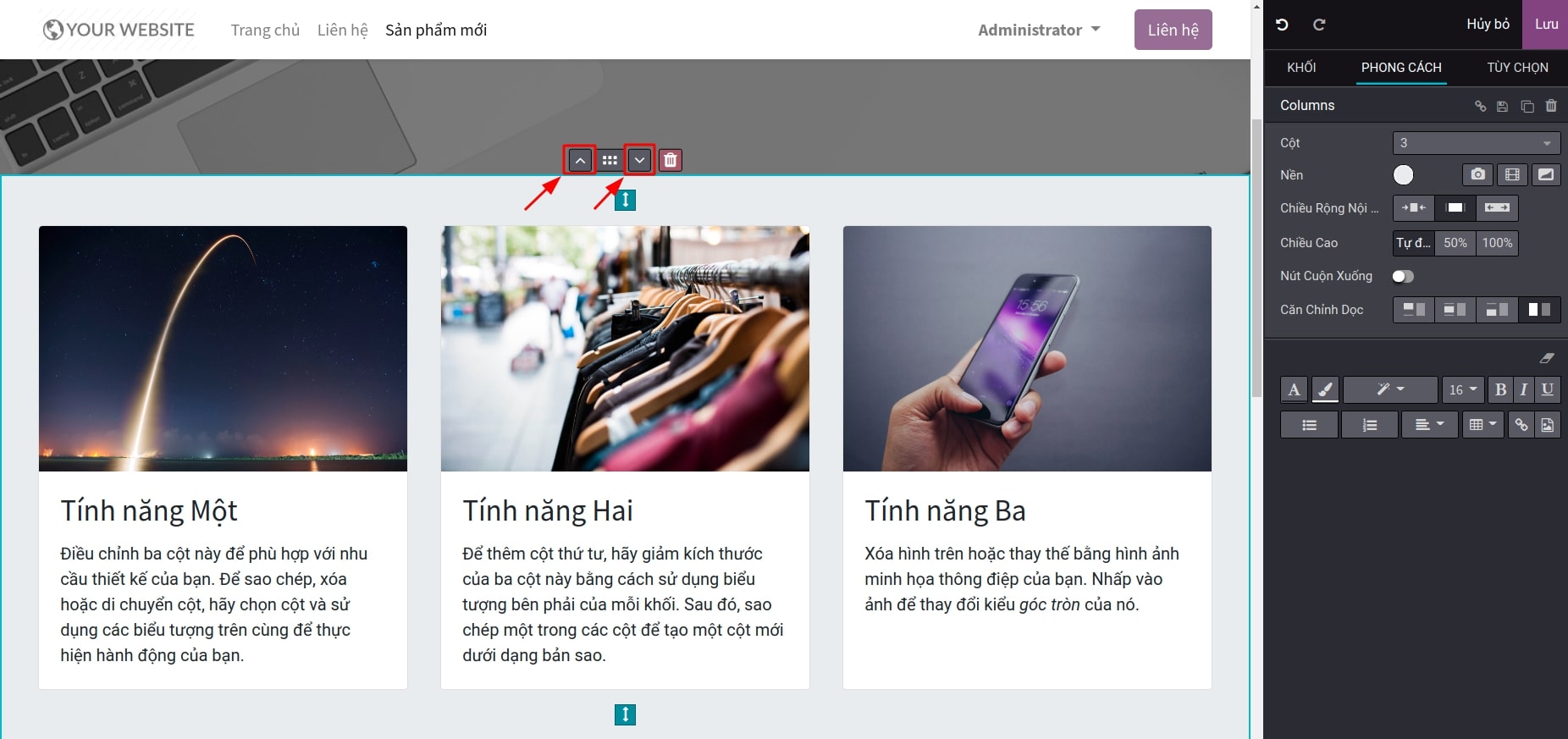 Di chuyển khối nội dung theo mũi tên