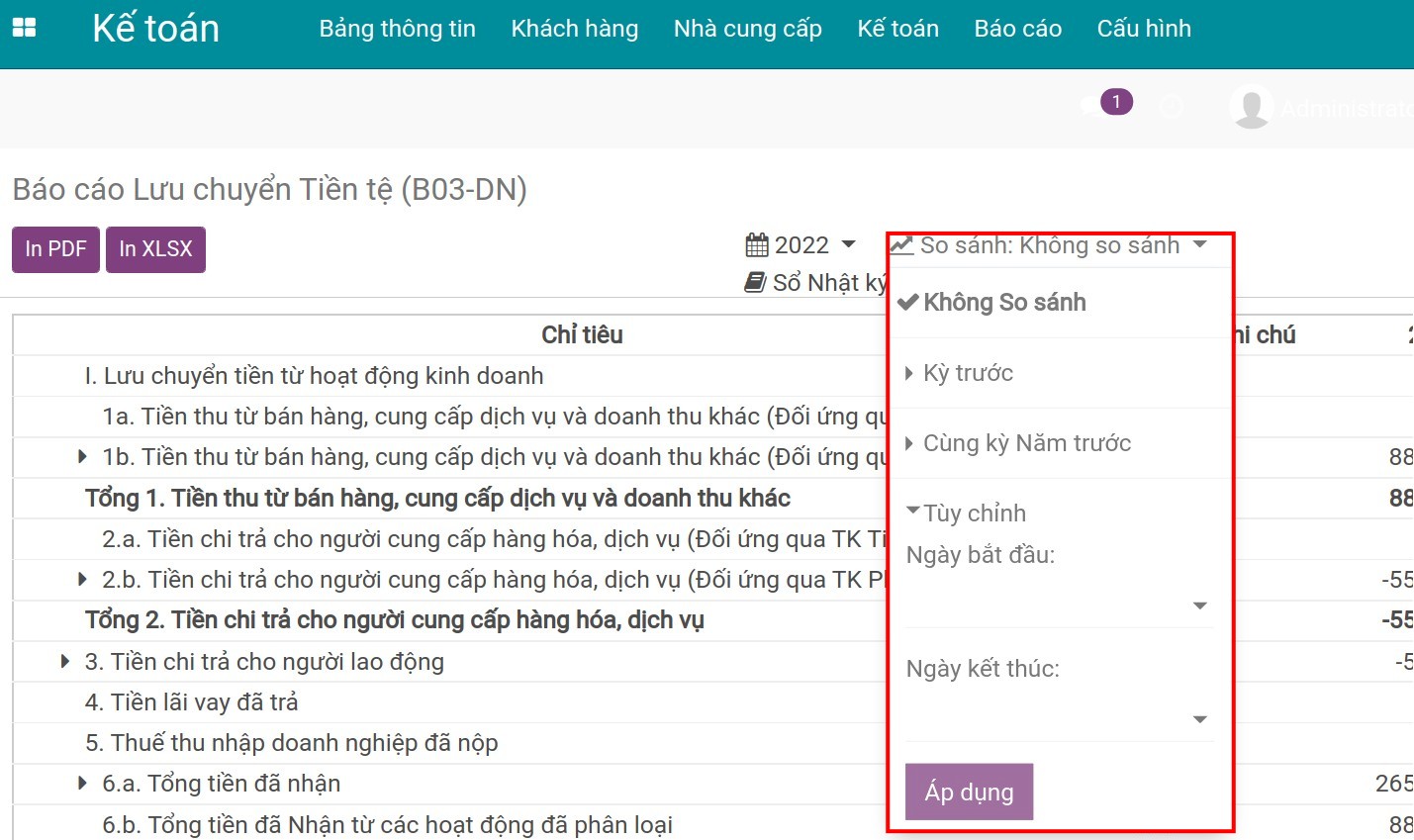 Giao diện xem so sánh các kỳ trên báo cáo lưu chuyển tiền tệ