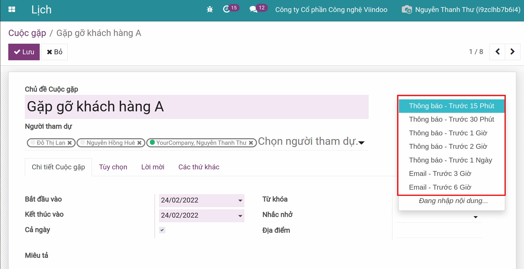 Nhắc nhở cuộc gặp bằng thông báo hoặc email