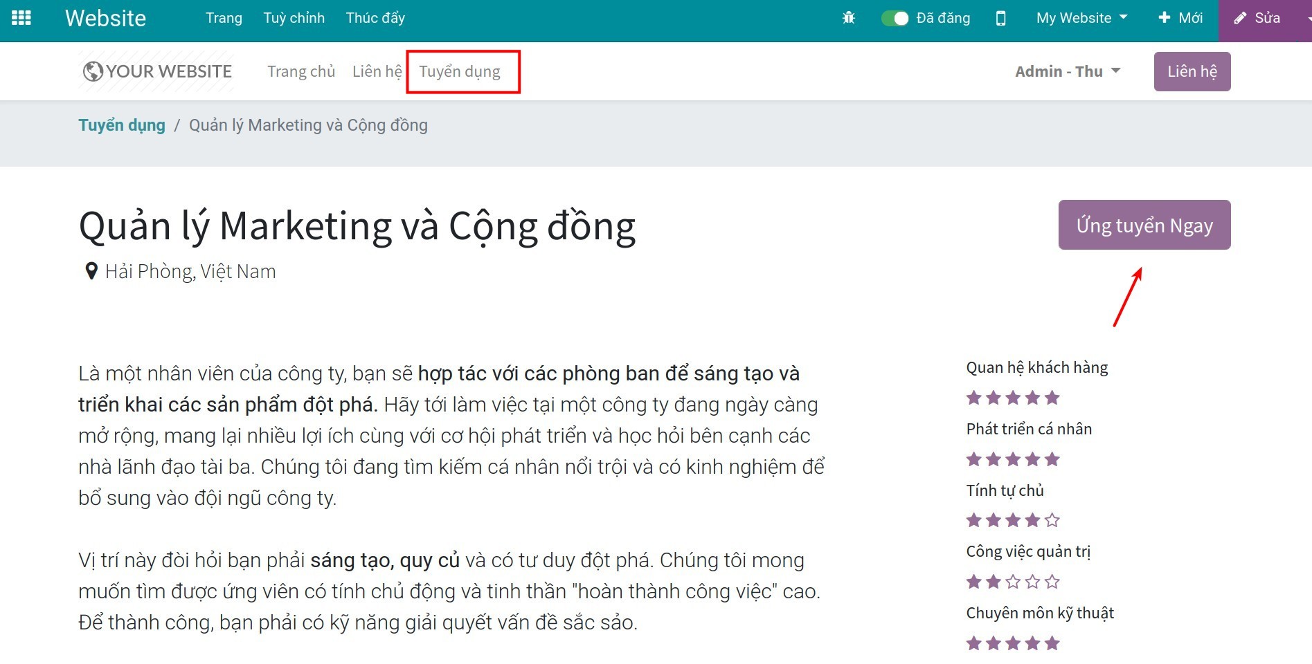 Bấm nút ứng tuyển trên website