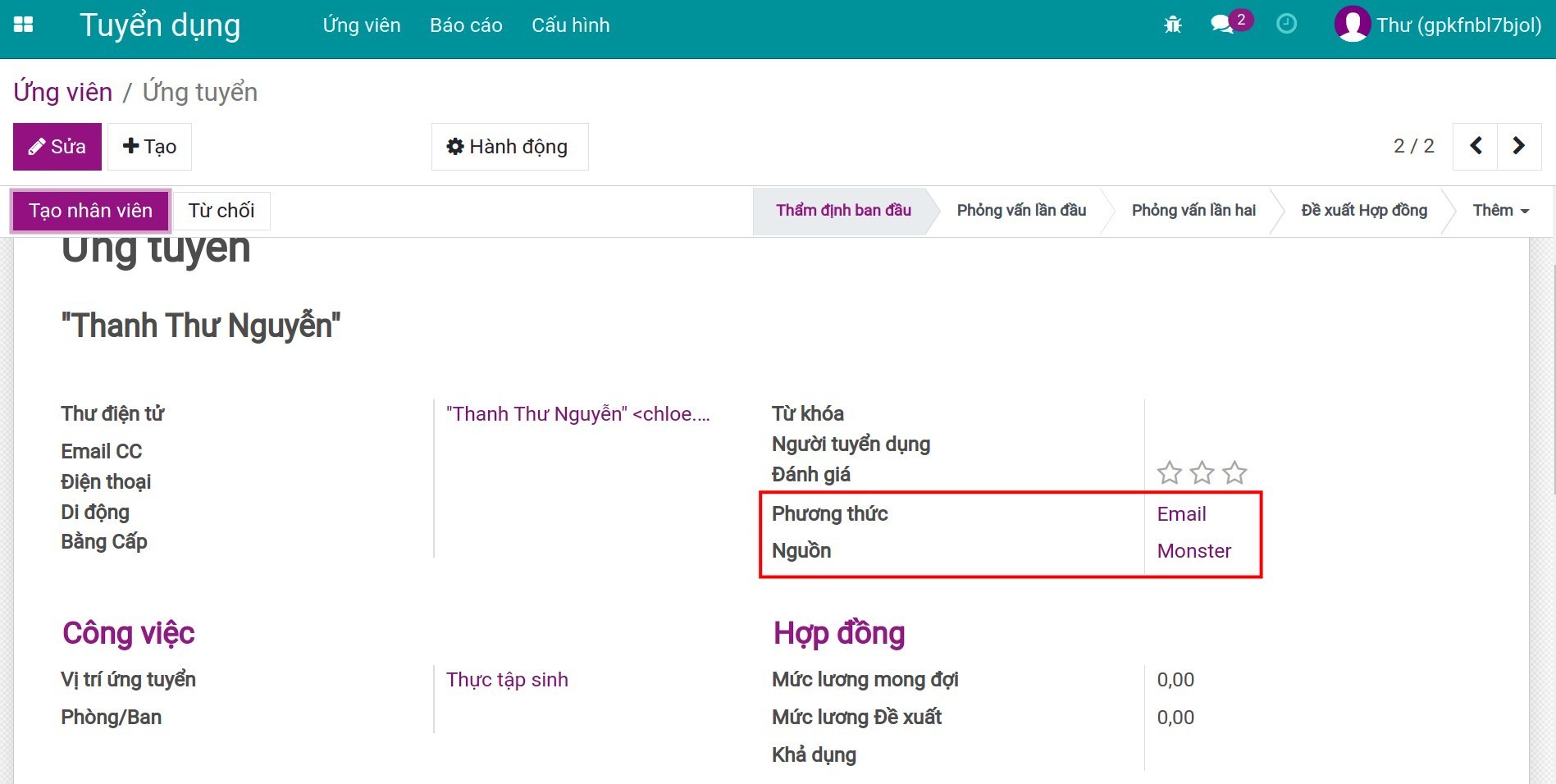 Tạo hồ sơ ứng viên có nguồn từ email