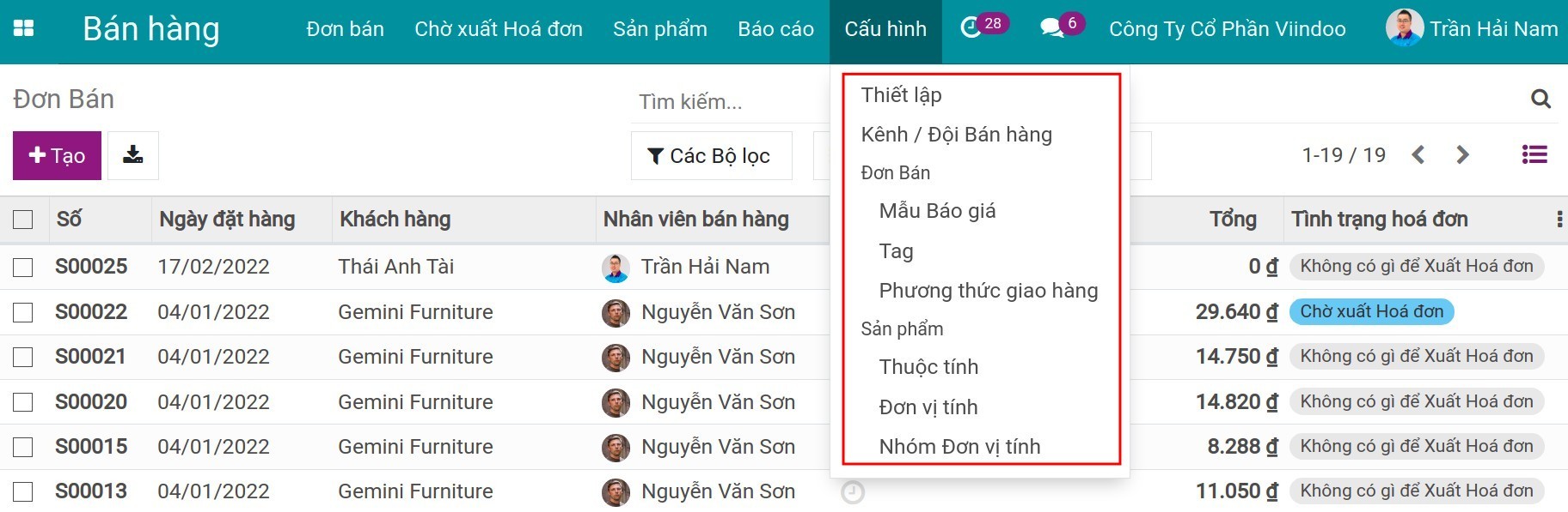 Cấu hình trong ứng dụng bán hàng - Viindoo