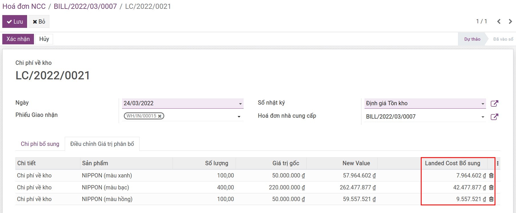 Phân bổ chi phí về kho theo thể tích - Viindoo Accounting