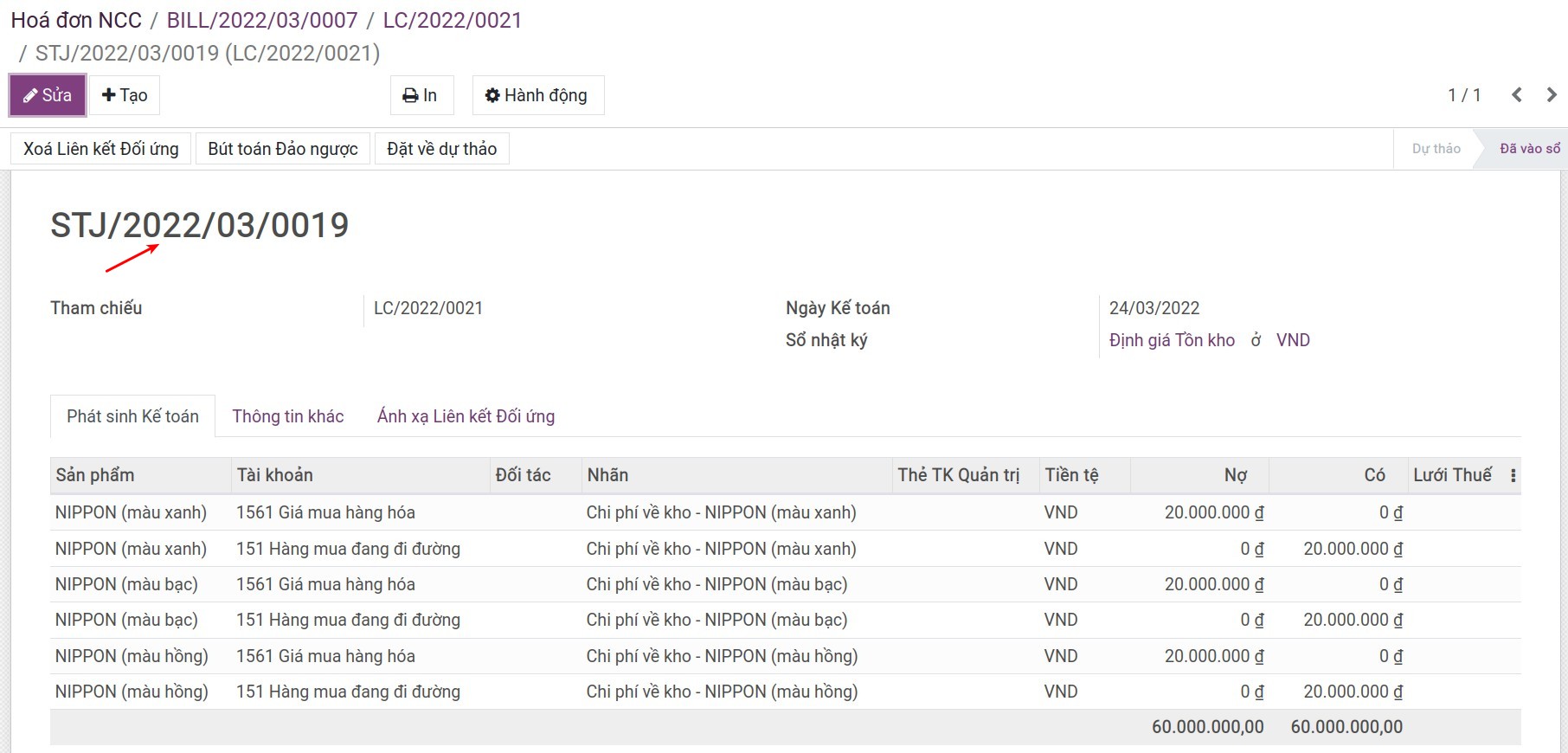 Bút toán kế toán chi phí về kho - Viindoo Accounting