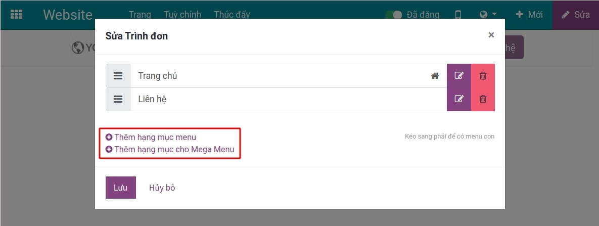 Thêm hạng mục menu và mega menu