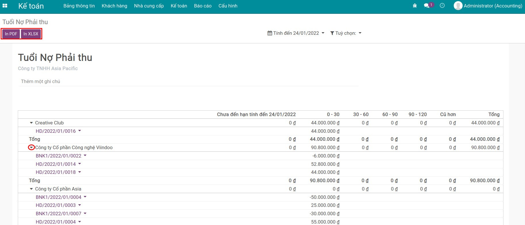 Báo cáo tuổi nợ phải thu - Phần mềm kế toán Viindoo
