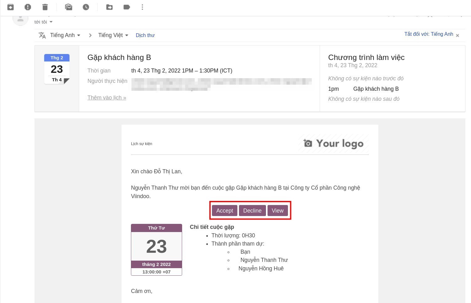 Người tham dự nhận được thư mời