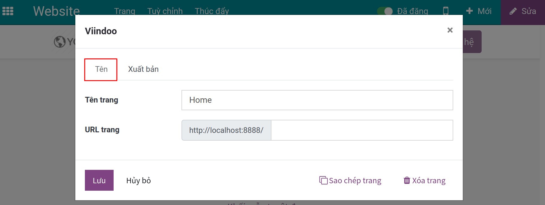 Thiết lập xuất bản trong thuộc tính trang