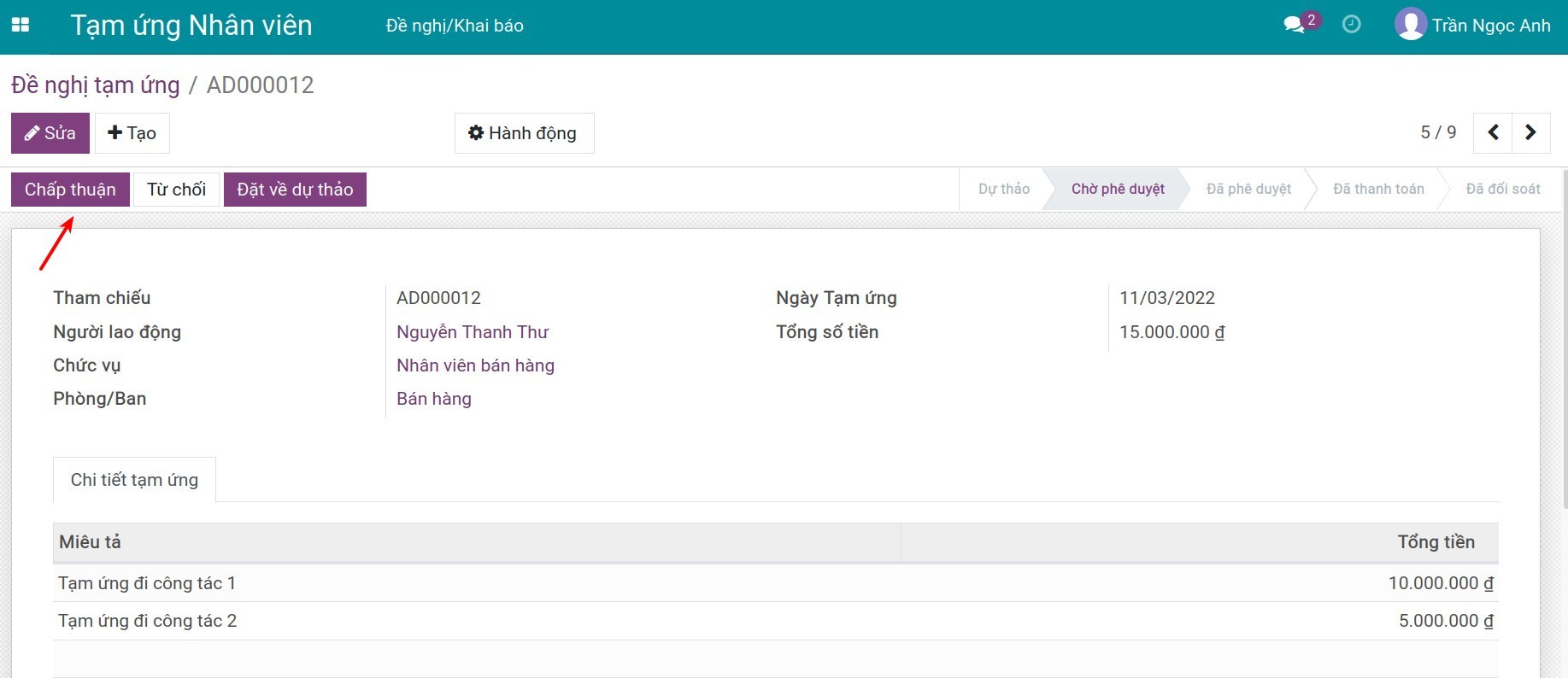 Bấm chấp thuận phiếu đề nghị