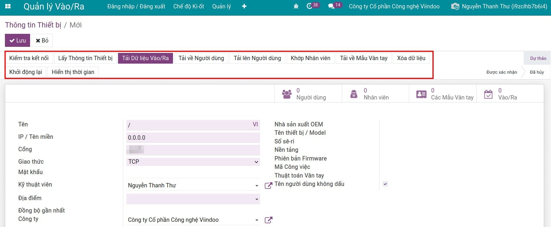 Các nút trên giao diện thông tin thiết bị chấm công