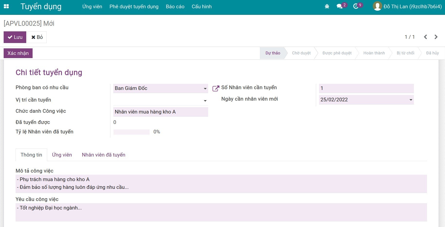 Giao diện Tạo đề nghị phê duyệt và tab Thông tin