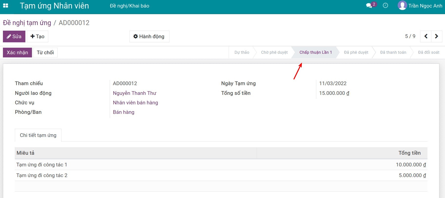 Phiếu đề nghị ở trạng thái Chấp thuận lần 1.