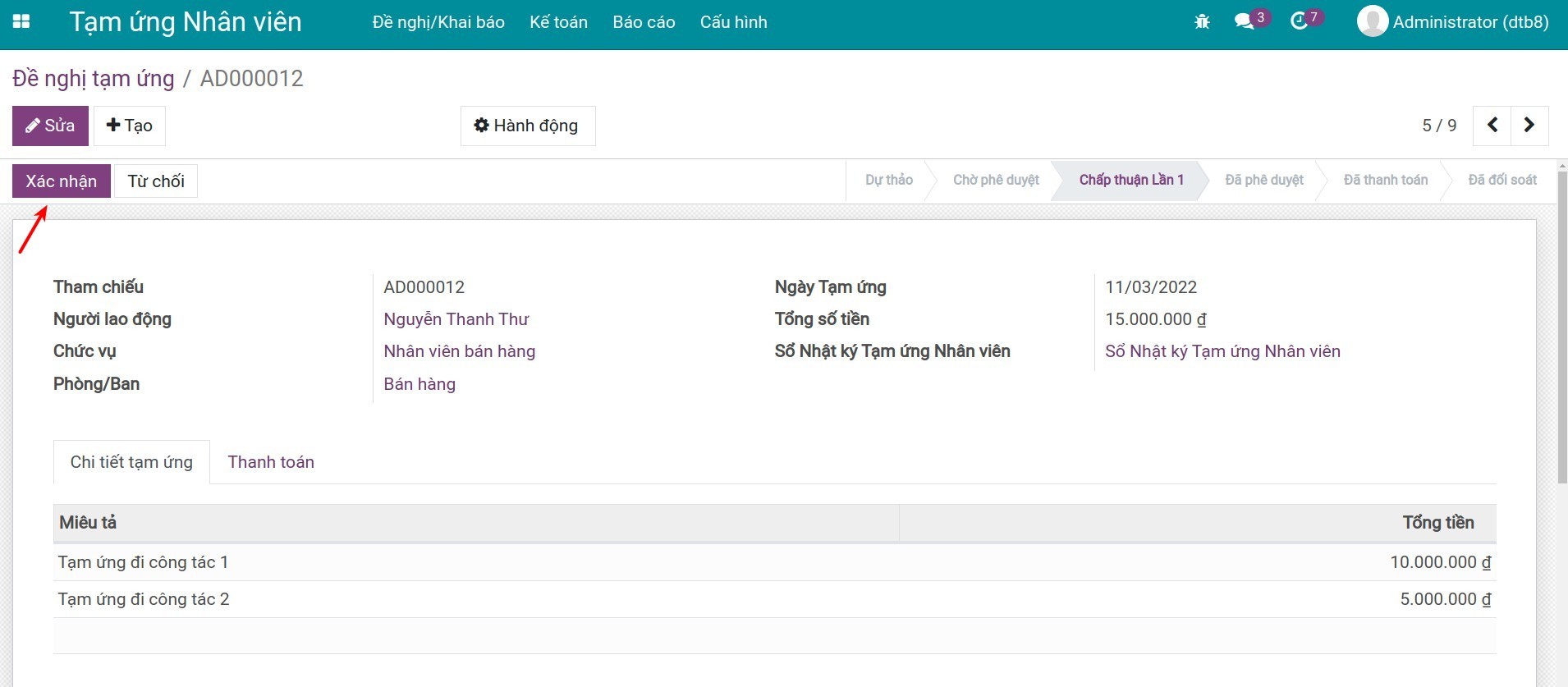 Bấm xác nhận phiếu đề nghị