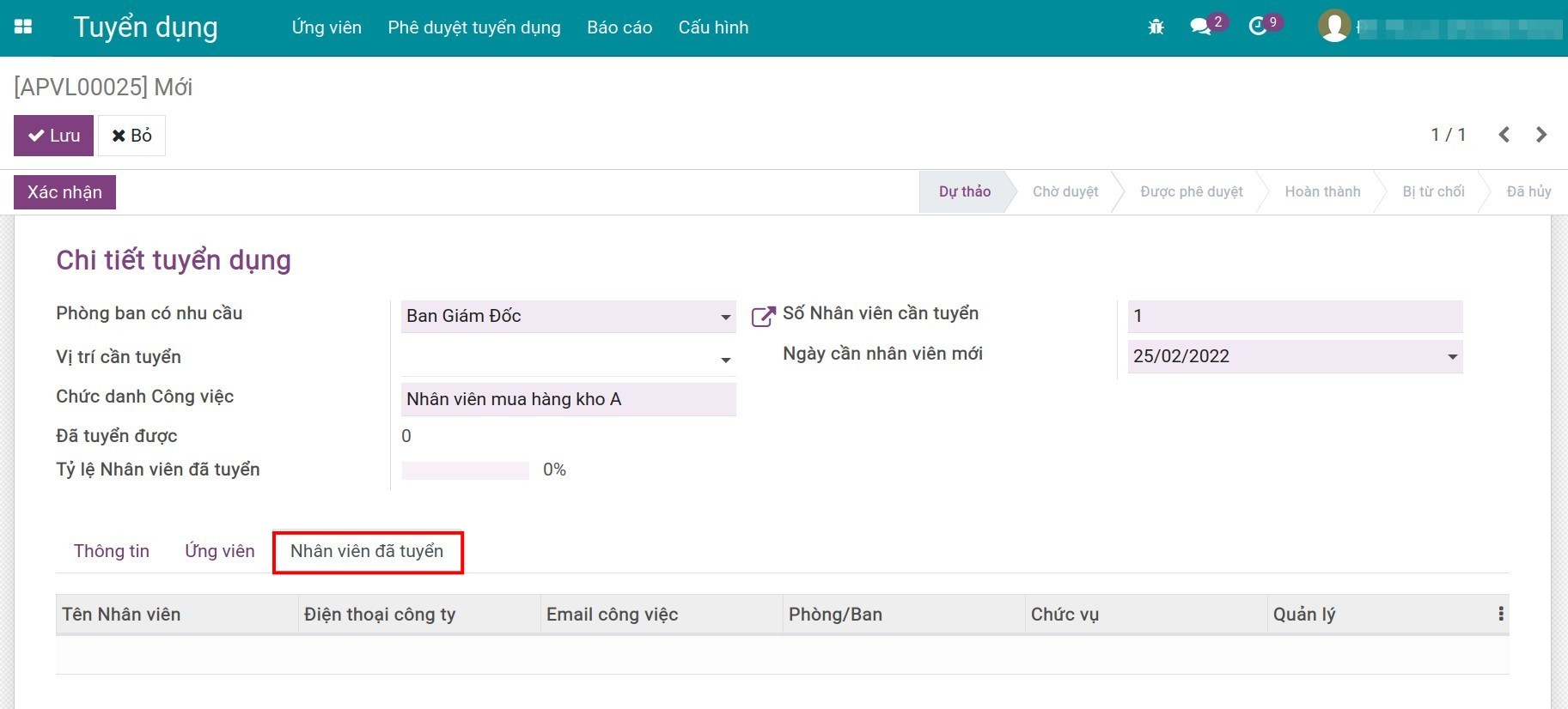 Tab nhân viên đã tuyển