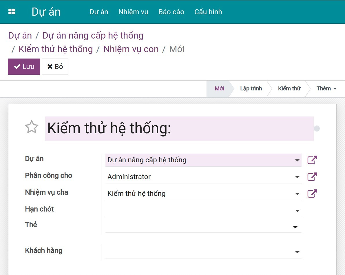 Tạo thêm nhiệm vụ con