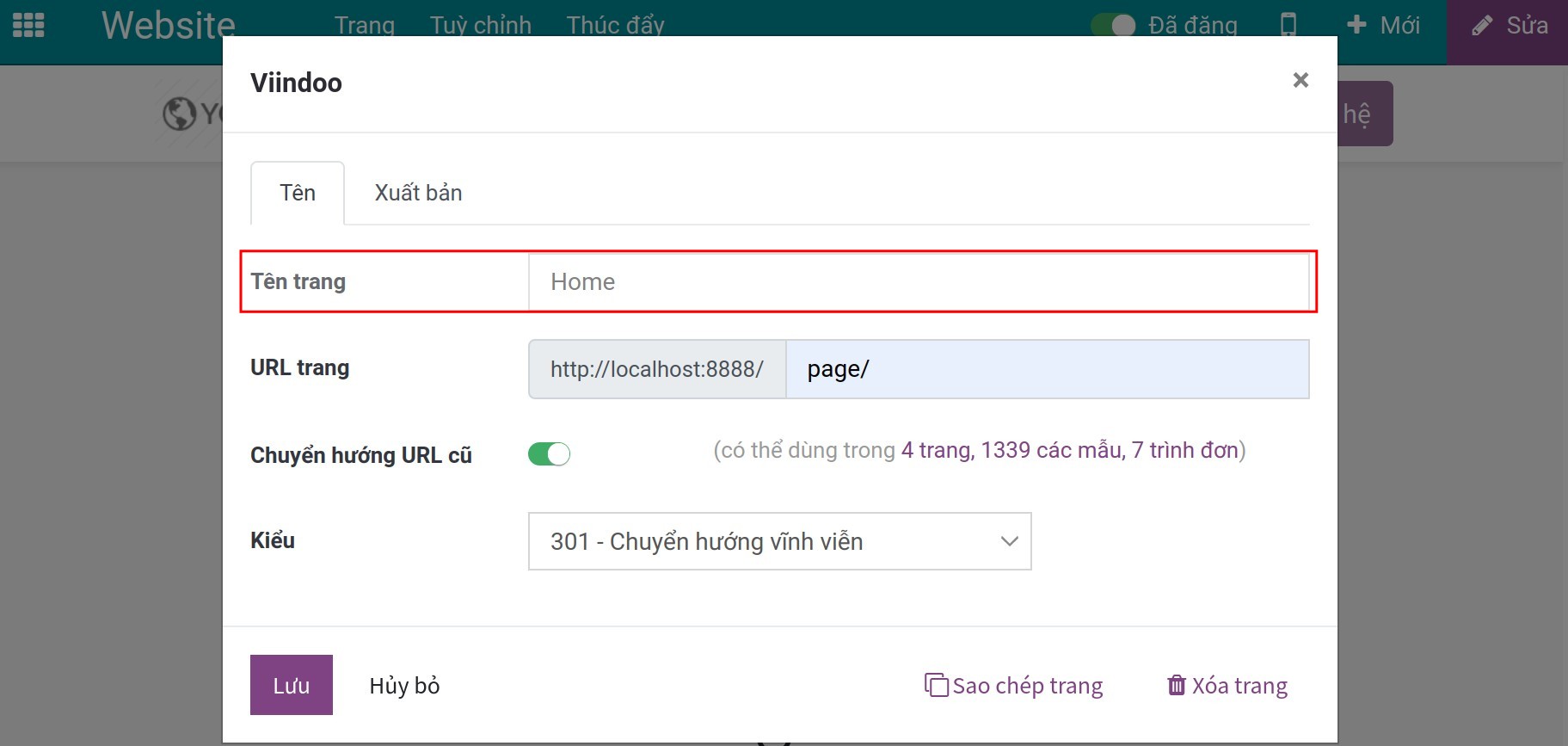 điền tên trang trên giao diện thuộc tính trang