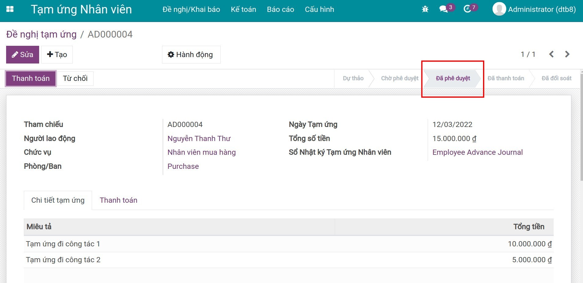 Phiếu đề nghị ở trạng thái Đã phê duyệt