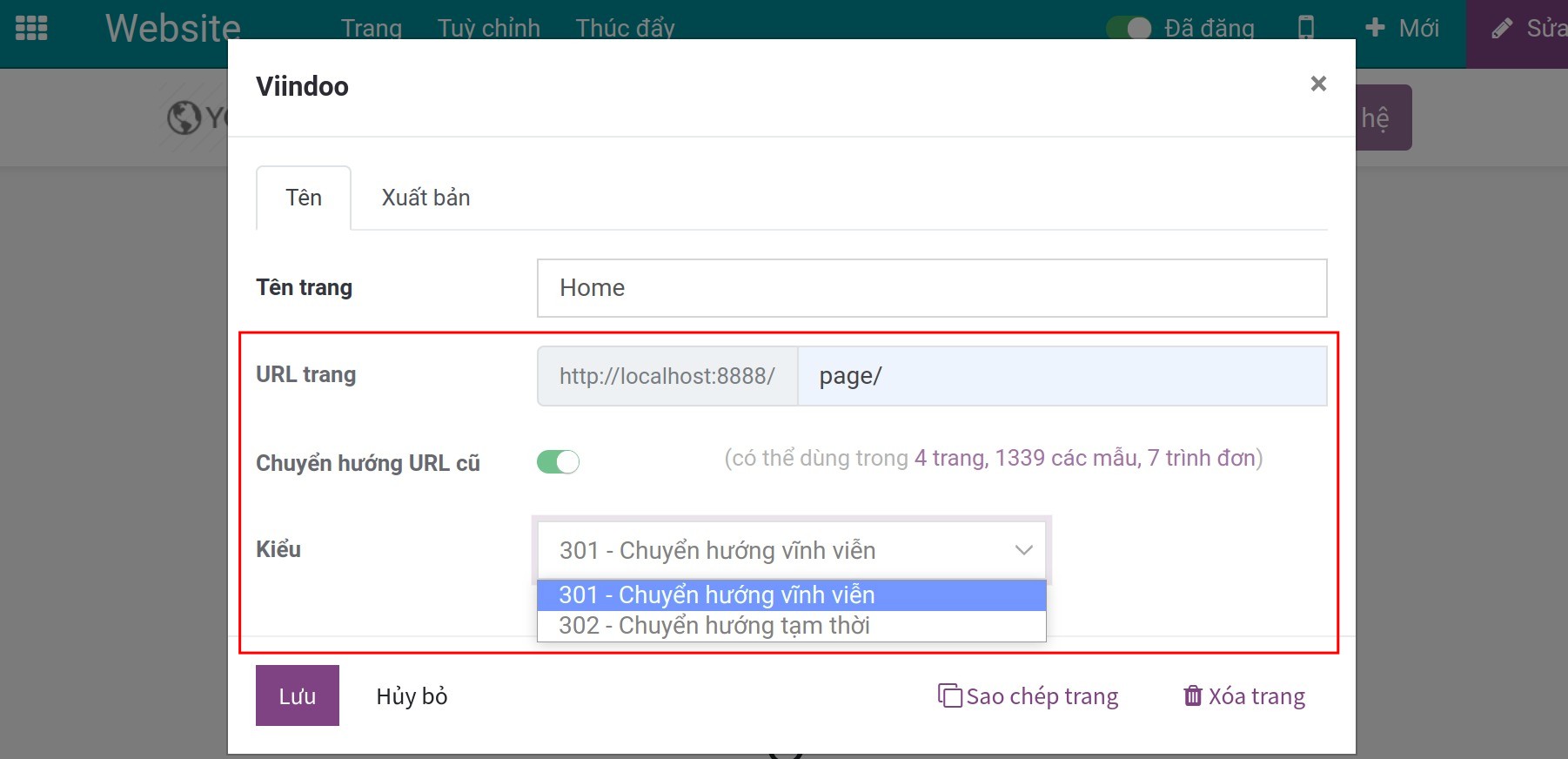 Điền URL trang trên thuộc tính trang