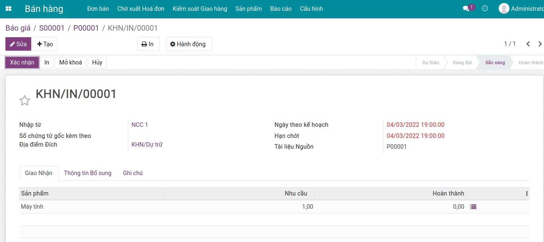 Phiếu nhận hàng