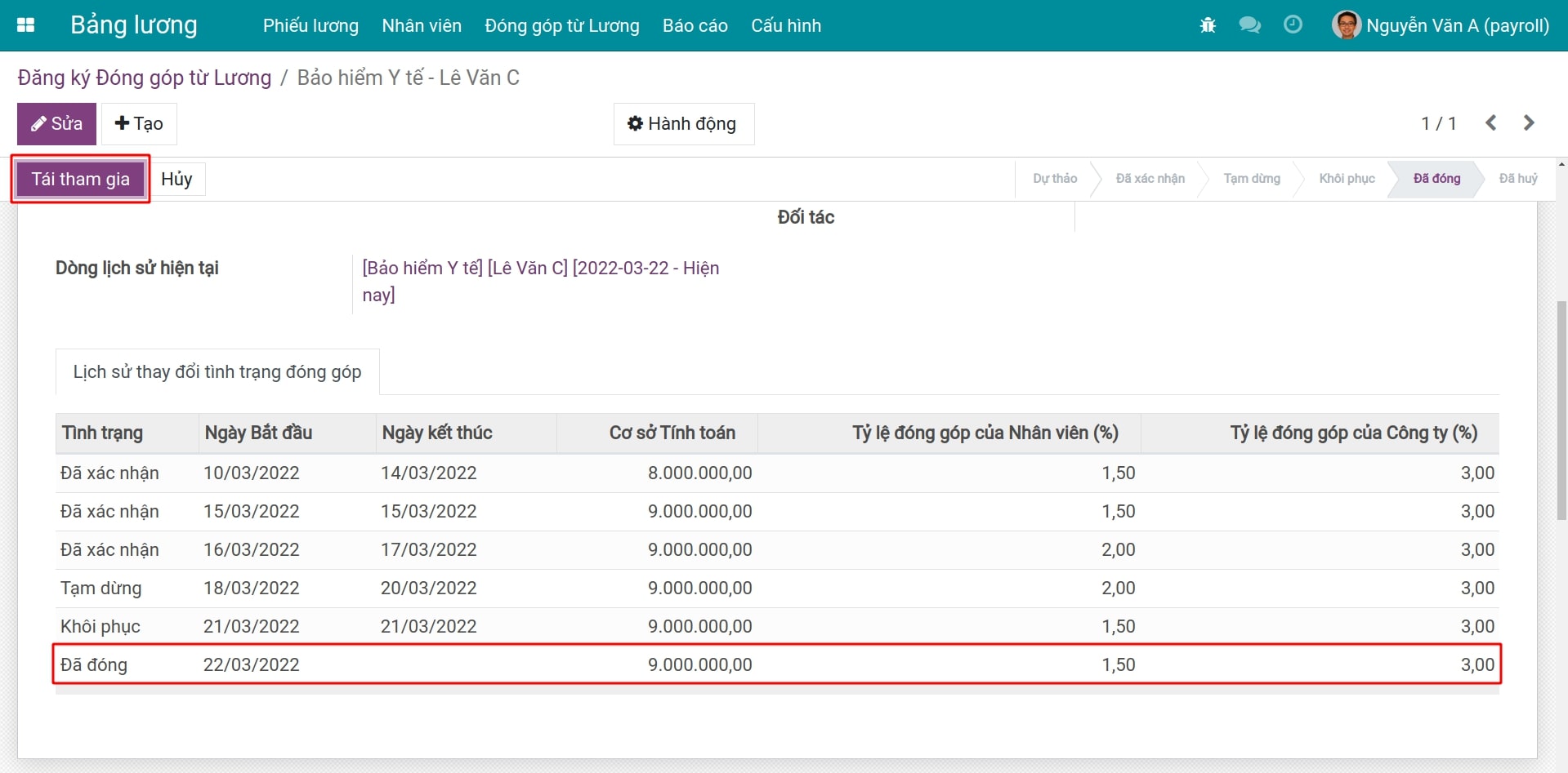 Tái khởi động cho bản ghi đăng ký đóng bảo hiểm đã đóng