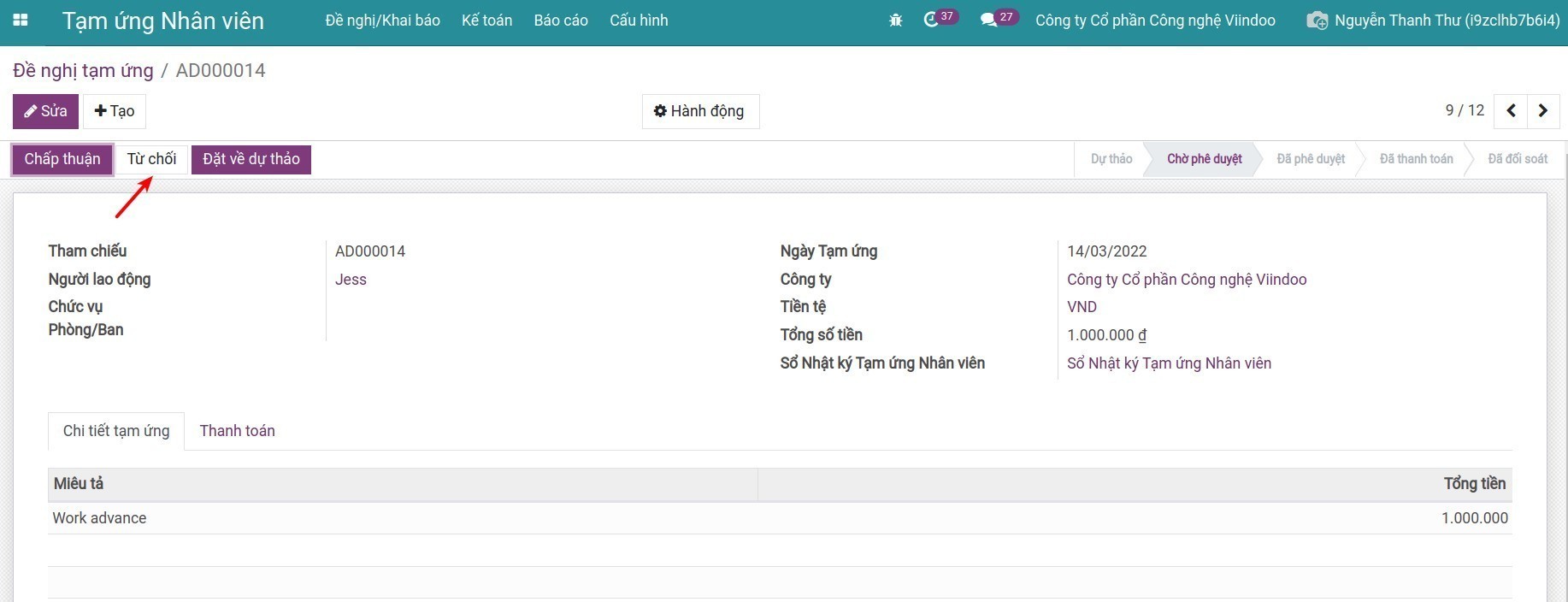 Bấm Từ chối phiếu đề nghị