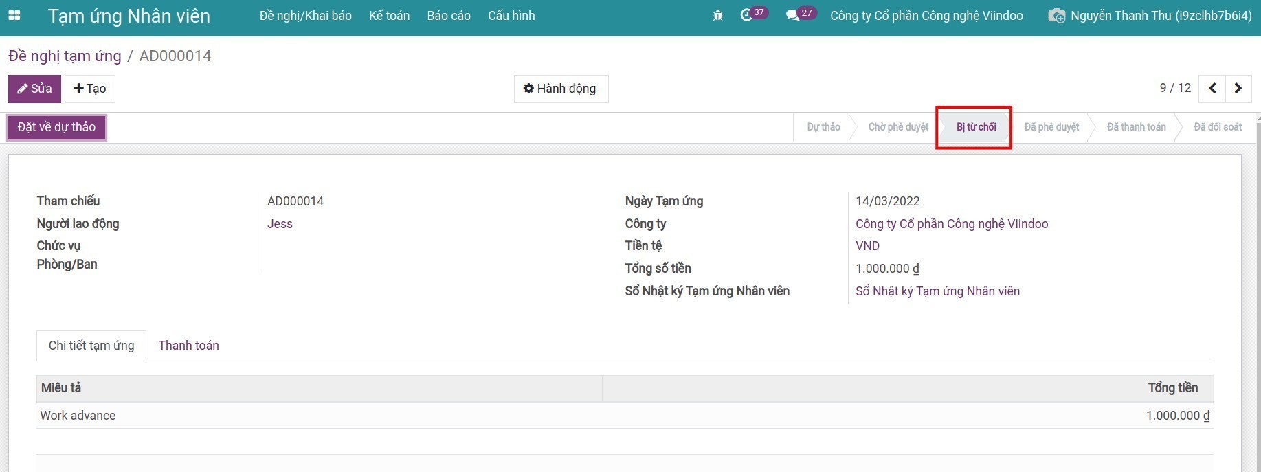Phiếu đề nghị ở trạng thái Bị từ chối