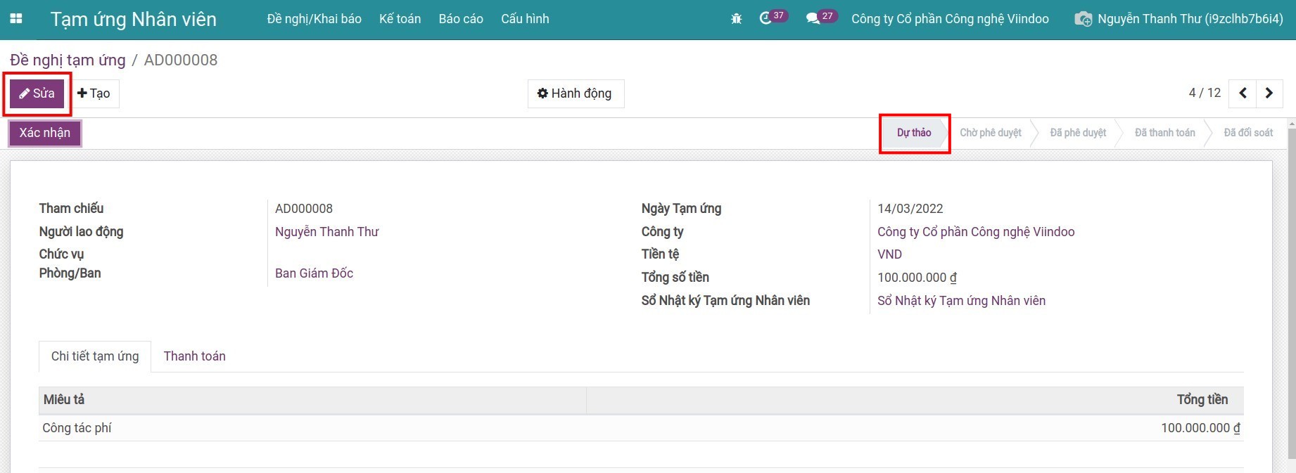 Sửa phiếu đề nghị