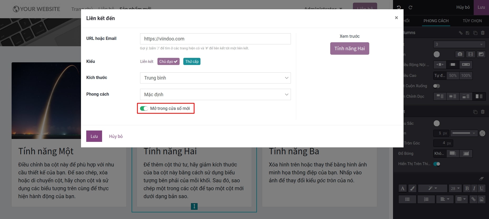Tính năng mở trong cửa sổ mới