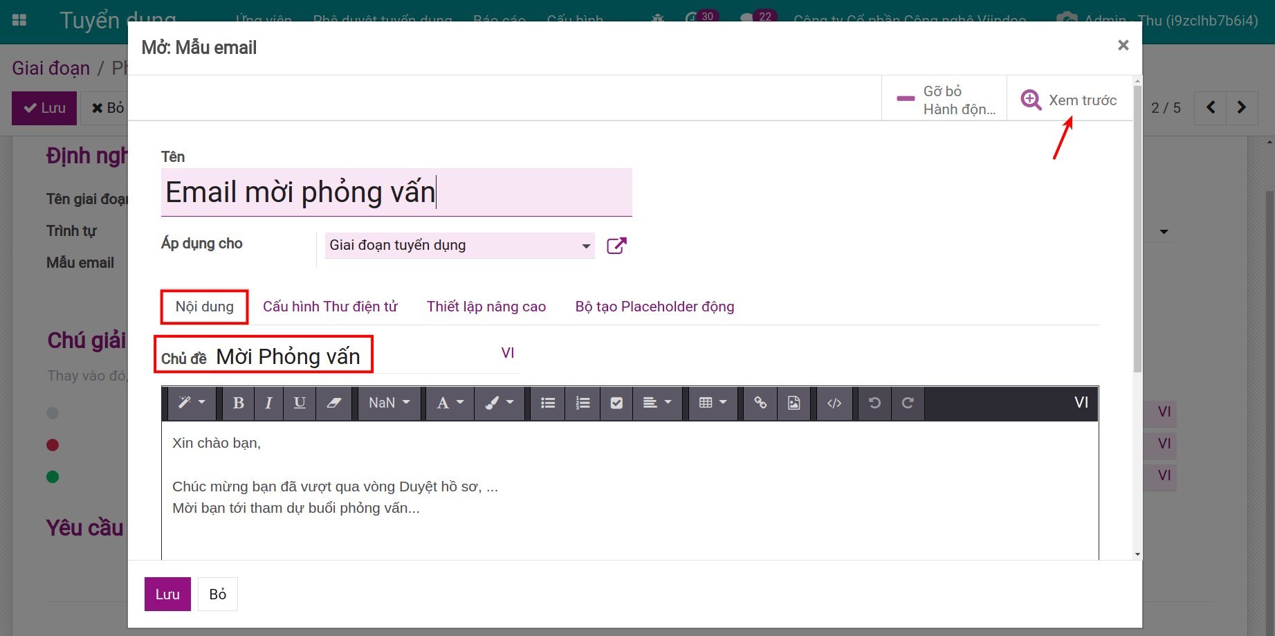 Tạo mẫu email tab nội dung