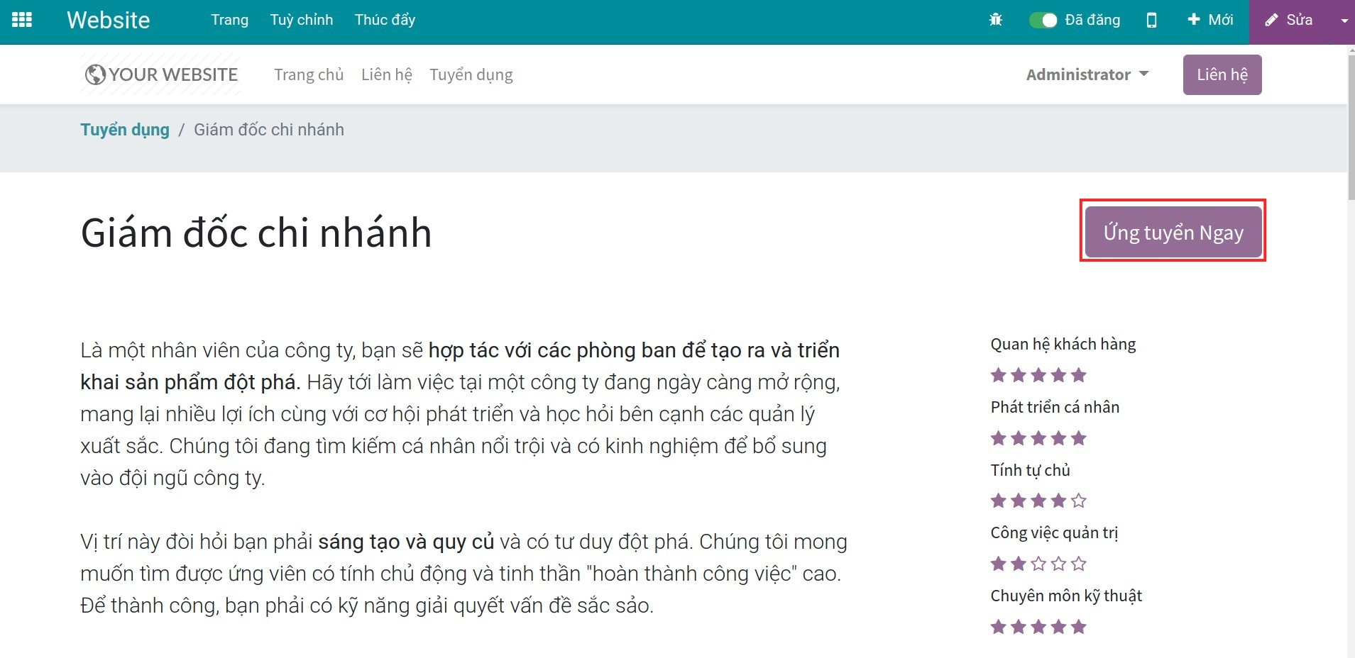 Giao diện tuyển dụng Chức vụ