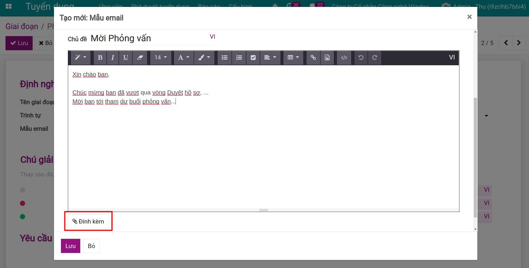 Tạo mẫu email tab nội dung, đính kèm