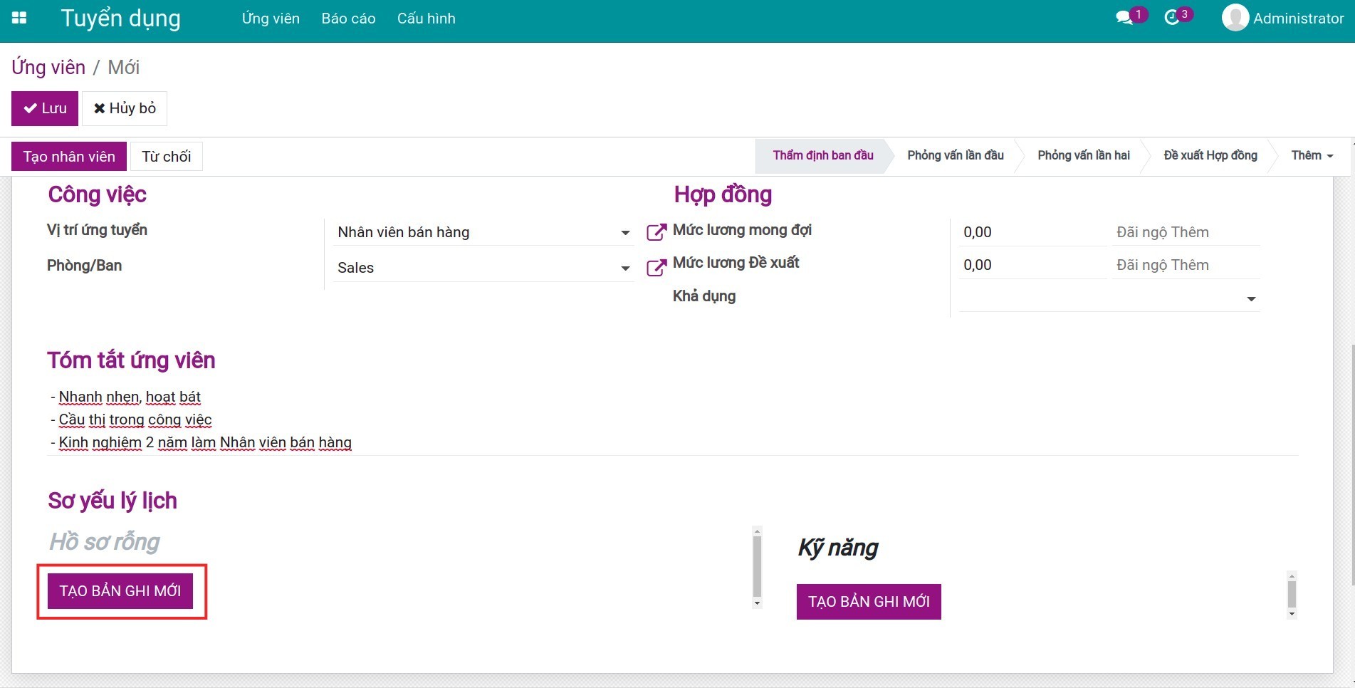 Tạo bản ghi mới cho sơ yếu lý lịch