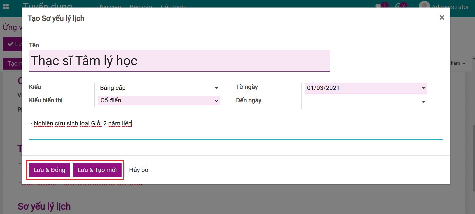 Cửa sổ tạo sơ yếu lý lịch