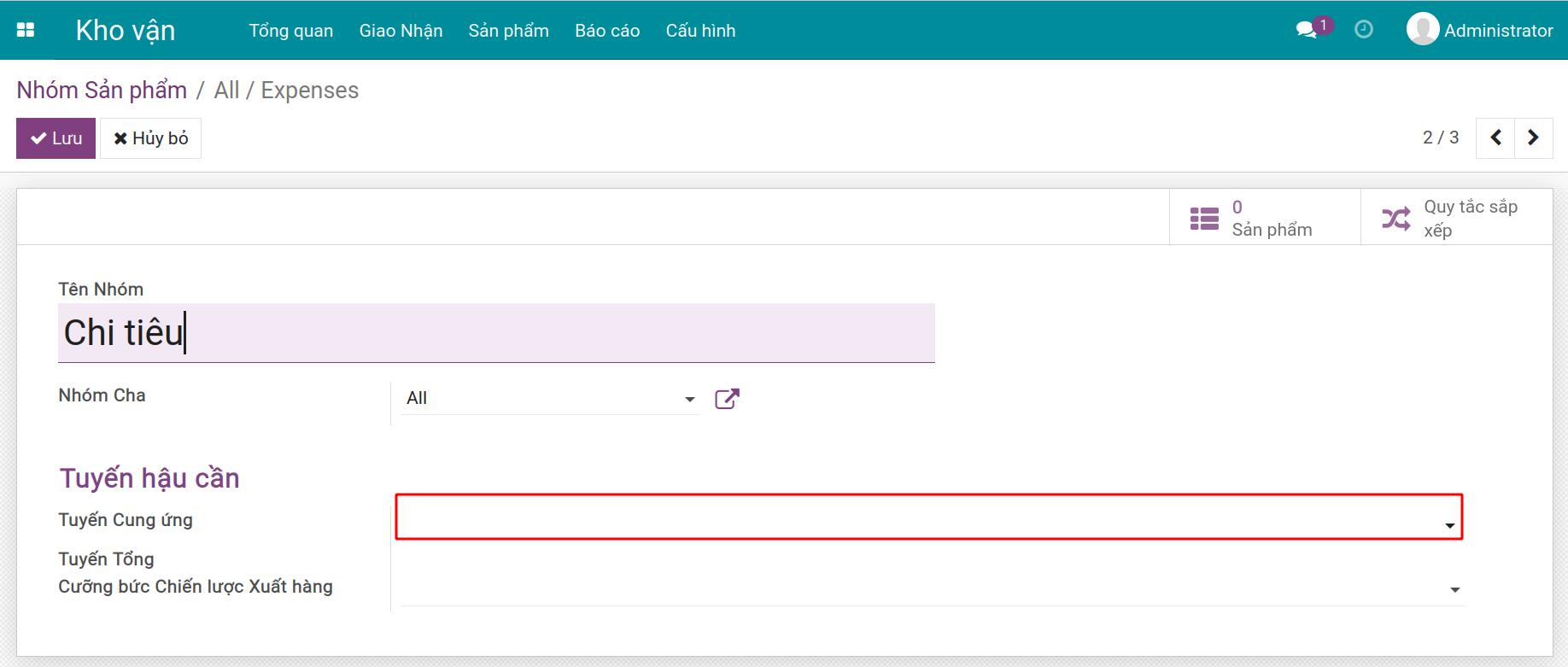 Cấu hình tuyến trên nhóm sản phẩm Kho vận Viindoo