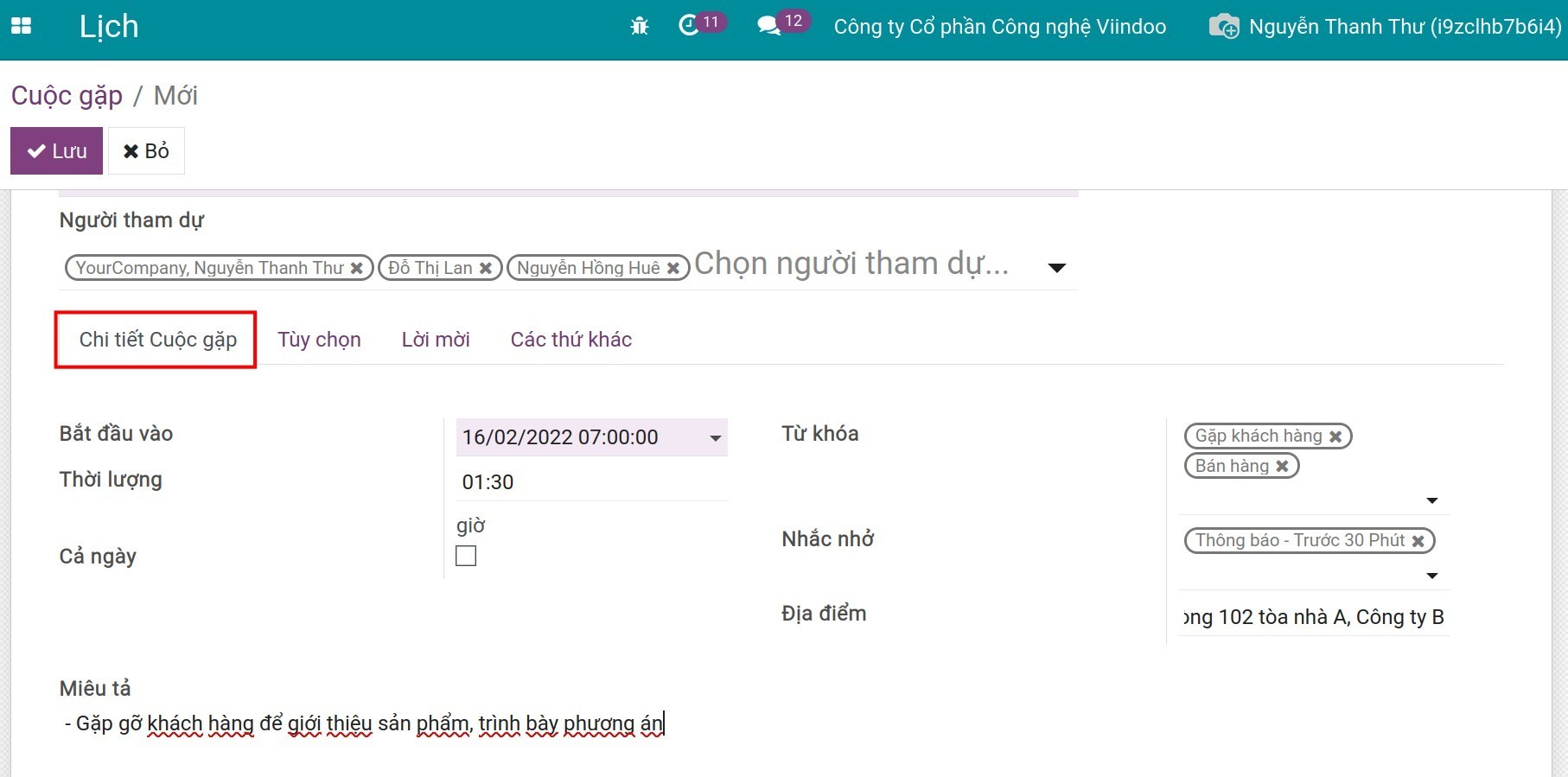 Tab chi tiết cuộc gặp