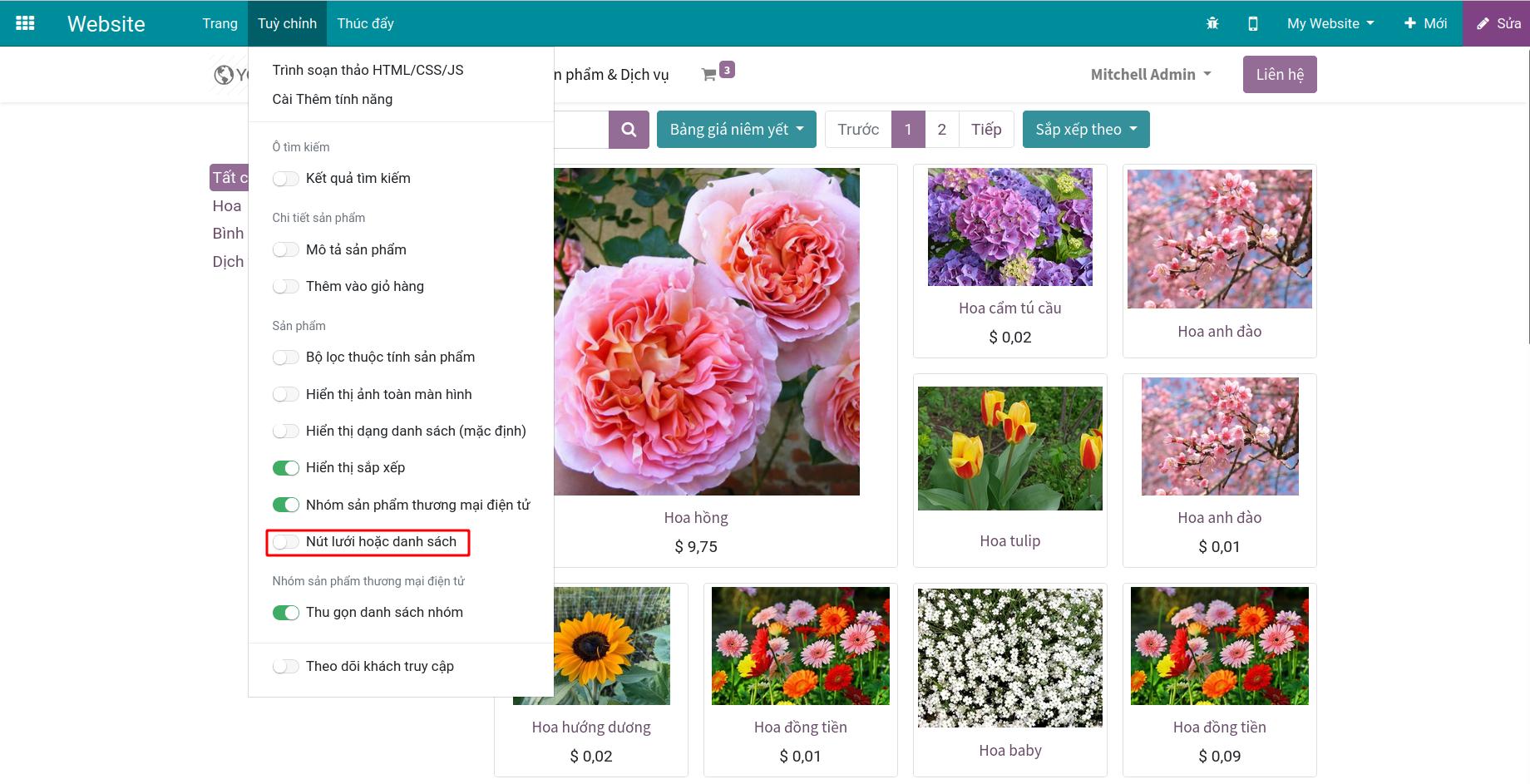 Tính năng hiển thị nút lưới, danh sách