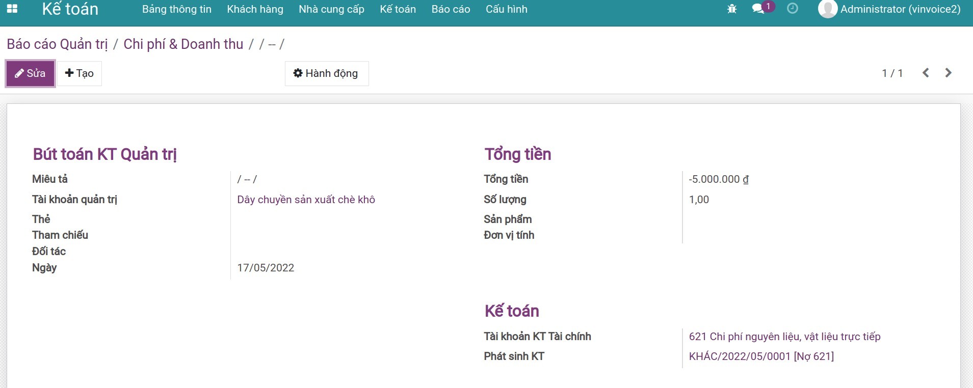 Chi tiết bút toán quản trị