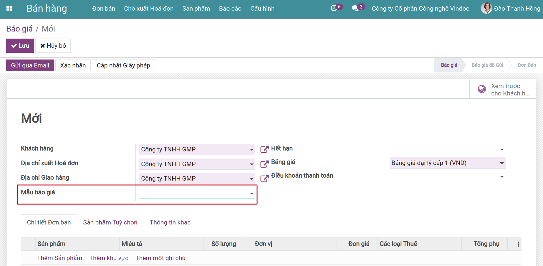 Chọn khách hàng và mẫu báo giá trên báo giá