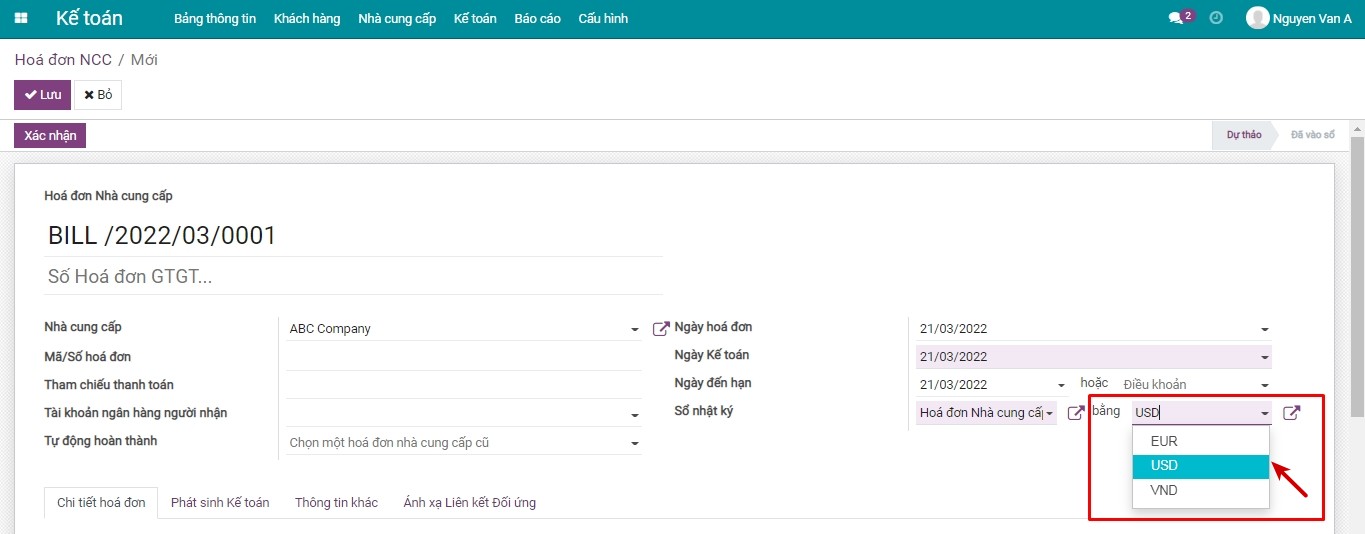 Chọn tiền tệ trên giao diện tạo hóa đơn Viindoo