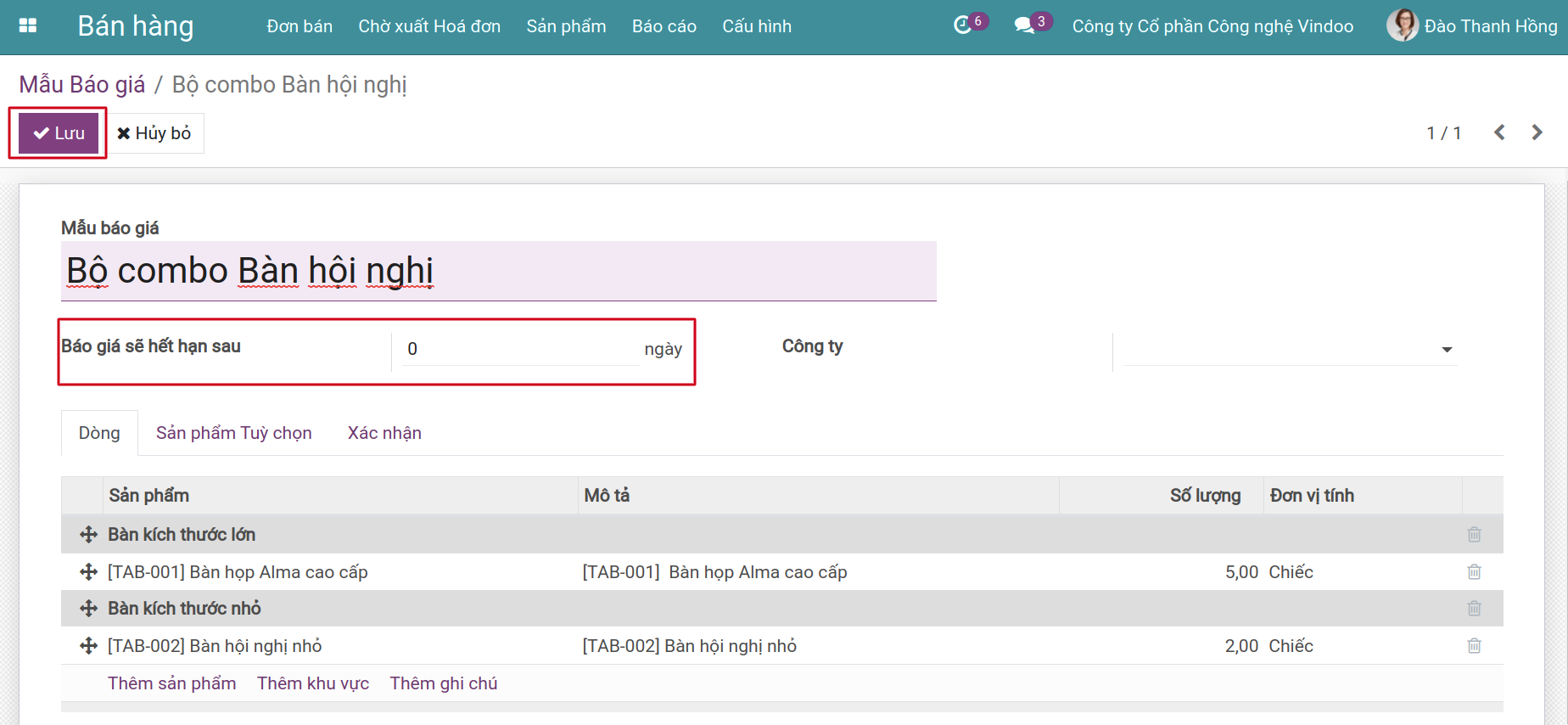 Điền số ngày hiệu lực của báo giá