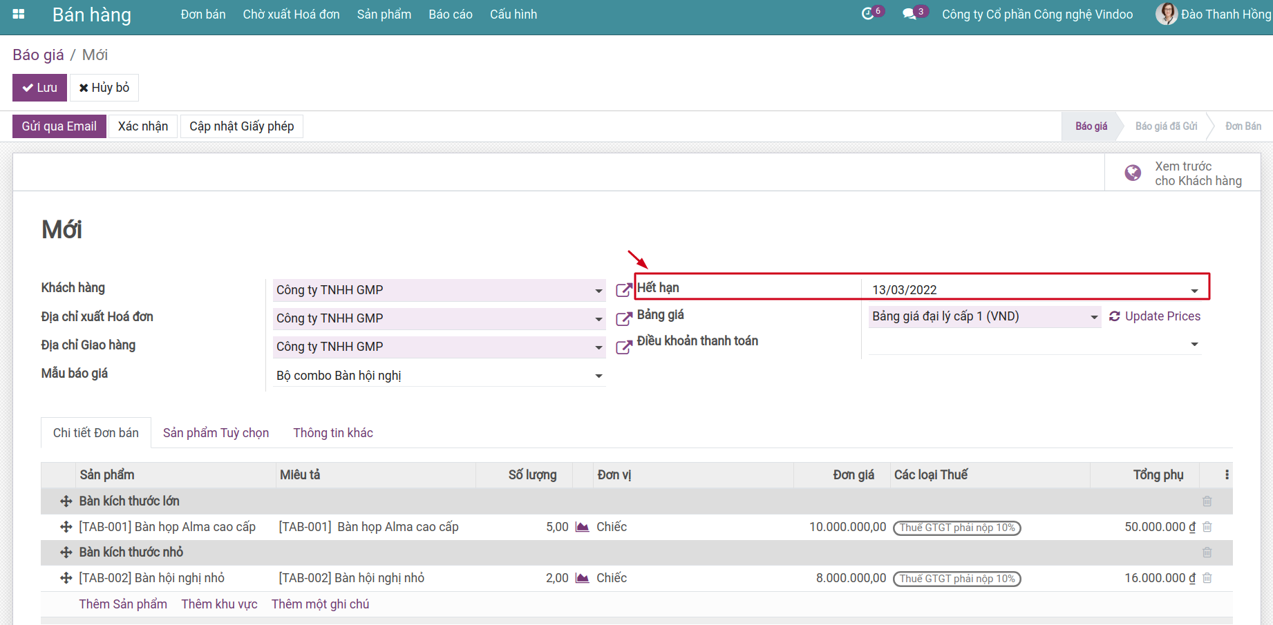 Ngày hết hạn của báo giá trên Viindoo