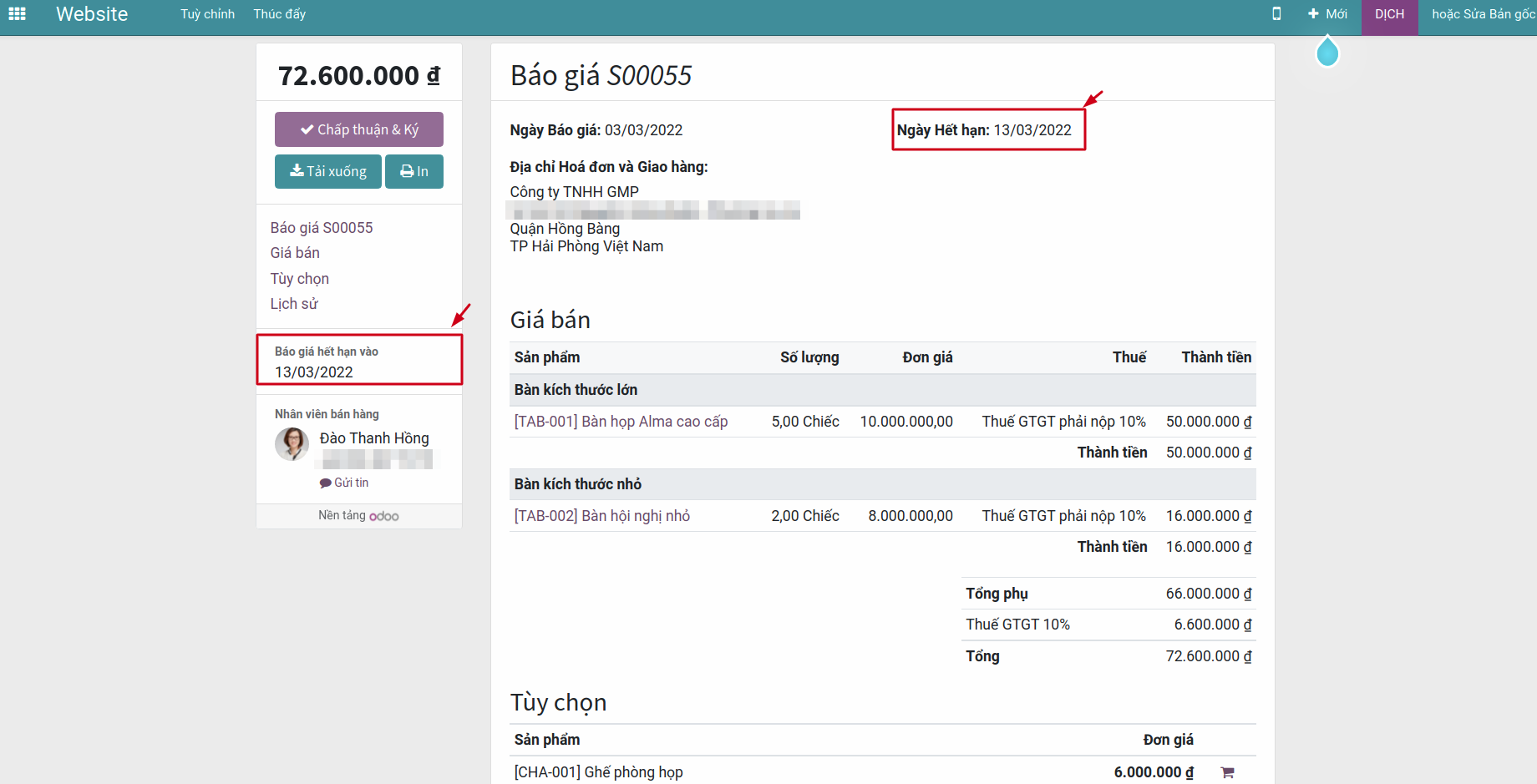 Ngày hết hạn của báo giá trên Viindoo