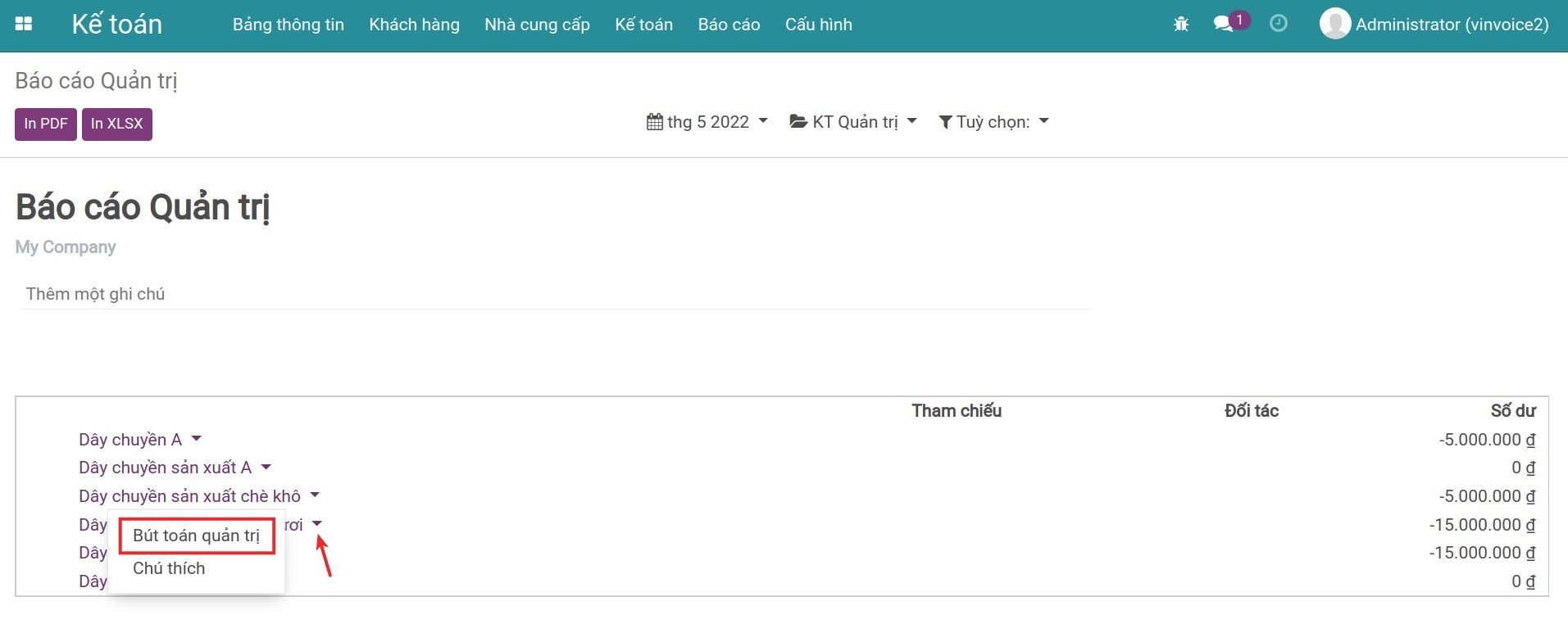 Phát sinh Kế toán quản trị Viindoo