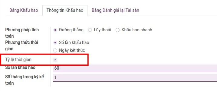 Tab thông tin khấu hao khi kích hoạt tính năng tỷ lệ thời gian.