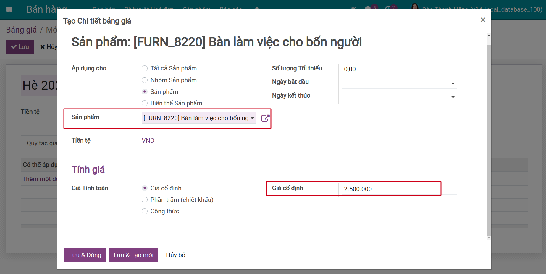 Tạo bảng giá với giá cố định