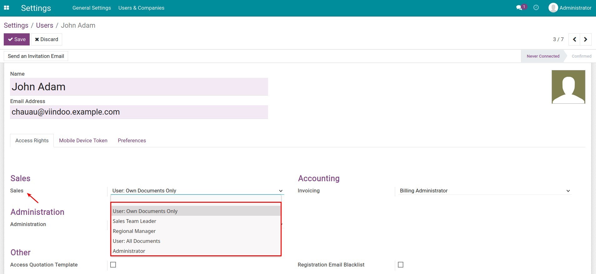 Granting user access rights to Sales Target